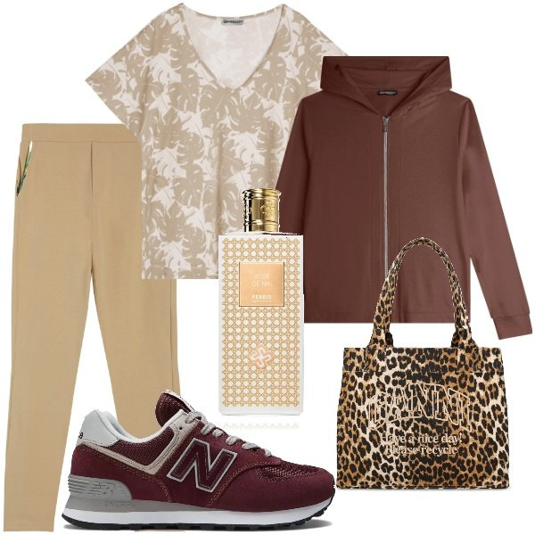 Outfit donna - A spasso per la città. Stile Trendy per Tutti i giorni. Abbinamento con profumi, sneakers, felpe con cappuccio, pantaloni, t-shirt, shopping bag.
