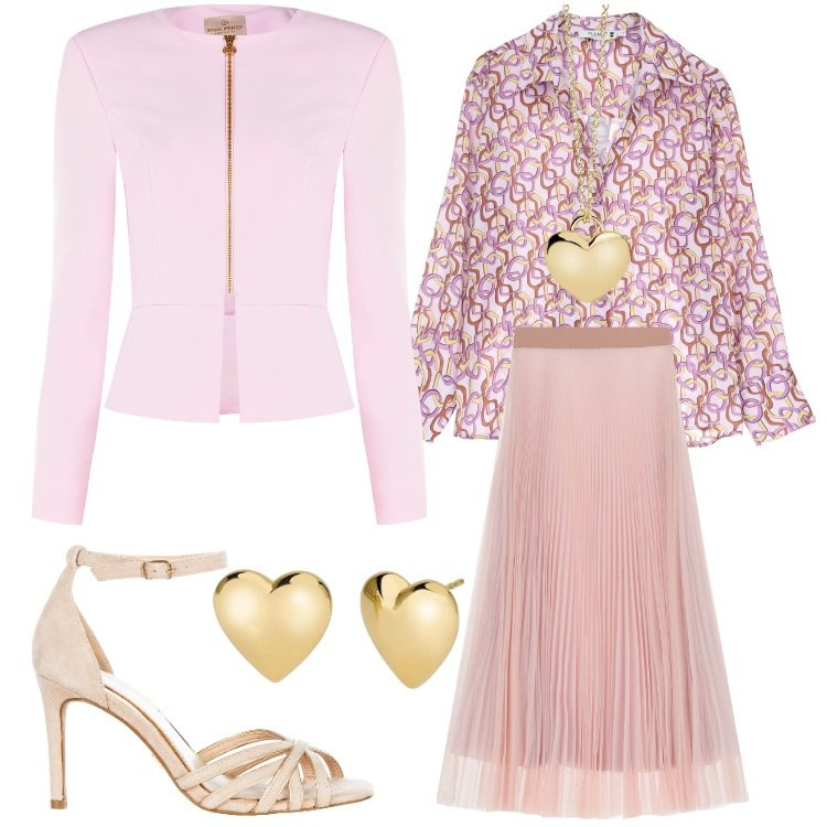 Outfit donna - Rosa Pastello. Stile Chic per Cerimonia. Abbinamento con gonne lunghe, collane, orecchini, blazer, sandali col tacco, camicie.