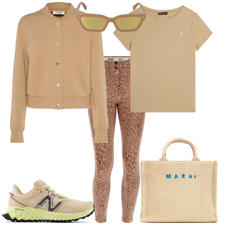 Outfit donna - Total look #2096471. Stile Sporty chic per Tutti i giorni. Abbinamento con sneakers, pantaloni skinny, t-shirt, occhiali da sole, shopping bag, blazer.
