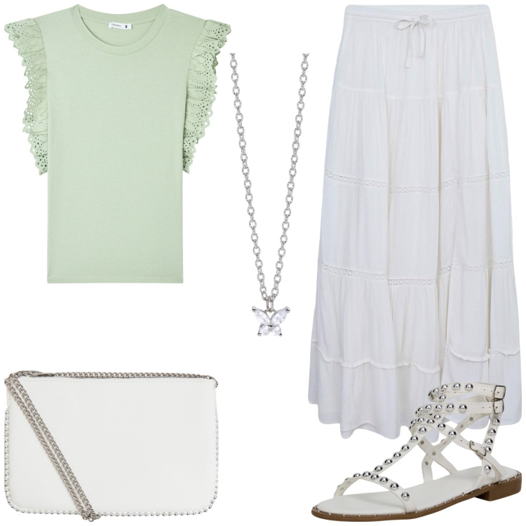 Outfit donna - Terranova - Occasioni speciali. Stile Romantica per Tutti i giorni. Abbinamento con t-shirt, sandali, borse a tracolla, gonne lunghe, collane.