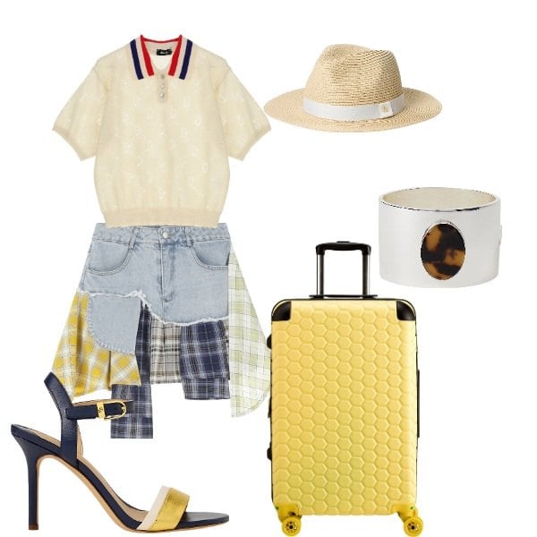 Outfit donna - Dixie - Siviglia SS25. Stile Trendy per Tutti i giorni. Abbinamento con minigonne, polo, cappelli, sandali in pelle, braccialetti, valigie.