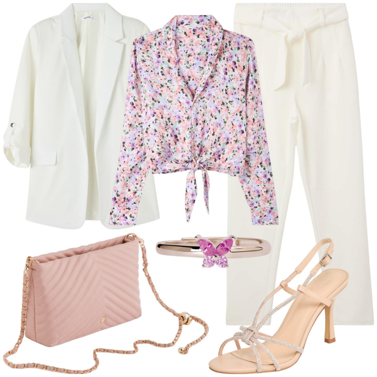 Outfit donna - Rosa Pastello - Leggero, sognante e vers. Stile Romantica per Cerimonia. Abbinamento con pantaloni chino, camicie, blazer, sandali col tacco, anelli, borse a tracolla.