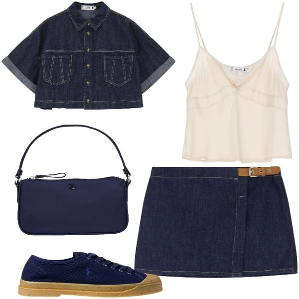 Outfit donna - Please - Ispirazione Saint-Tropez. Stile Sporty chic per Tutti i giorni. Abbinamento con blazer, top, minigonne, sneakers, pochette.