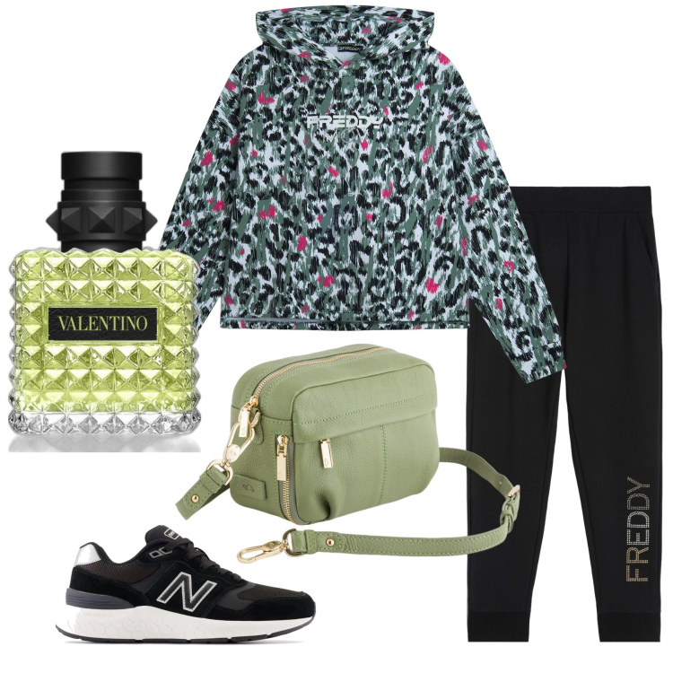 Outfit donna - Valentino. Stile Casual per Tutti i giorni. Abbinamento con profumi, sneakers, felpe con cappuccio, pantaloni, borse a tracolla.