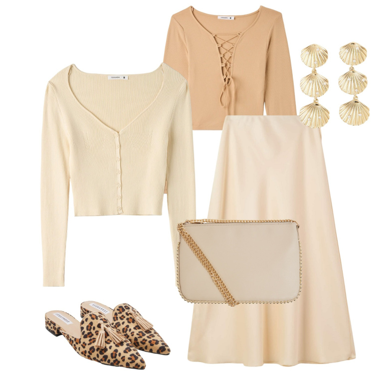 Outfit donna - Terranova. Stile Casual chic per Serata fuori. Abbinamento con orecchini, gonne lunghe, borse a tracolla, sabot, cardigans, t-shirt.