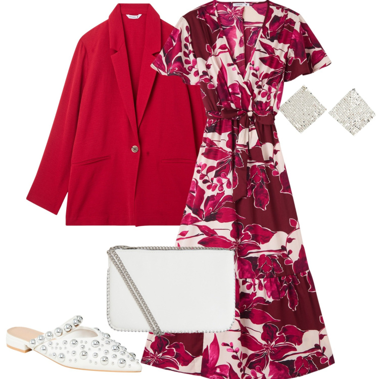 Outfit donna - Terranova. Stile Boho per Serata fuori. Abbinamento con ballerine, blazer, vestiti lunghi, orecchini, borse a tracolla.