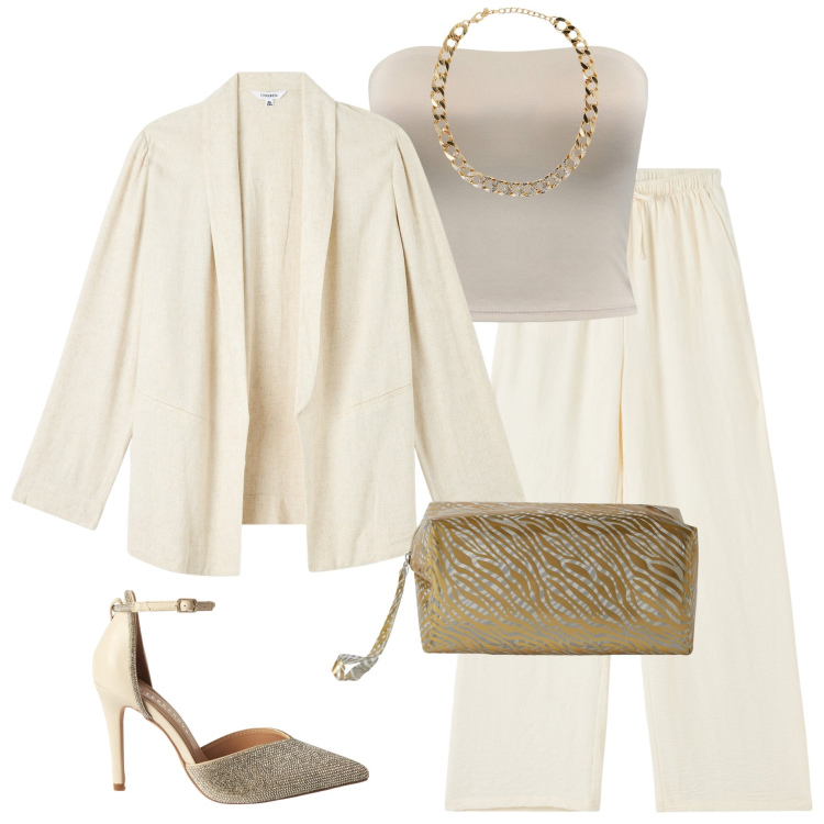 Outfit donna - Terranova. Stile Casual chic per Serata fuori. Abbinamento con blazer, collane, décolleté, pantaloni, top, pochette.
