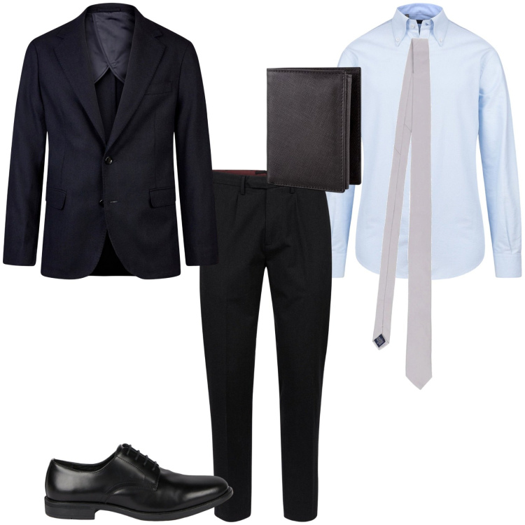 Outfit uomo - romance. Stile Business/Elegante per Ufficio. Abbinamento con pantaloni, giacche, scarpe stringate, camicie, cravatte, portafogli.