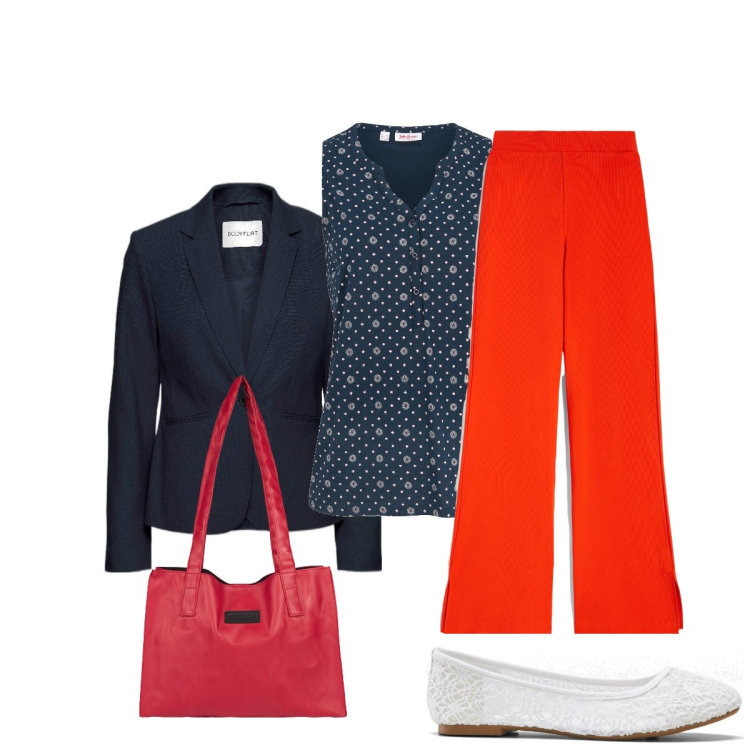 Outfit donna - In ufficio. Stile Bon Ton per Ufficio. Abbinamento con top, blazer, ballerine, pantaloni, shopping bag.