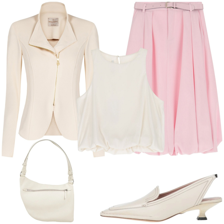 Outfit donna - Lo stile casual chic per la primavera -. Stile Glamour per Cerimonia. Abbinamento con décolleté, borse a tracolla, top, gonne longuette, blazer.