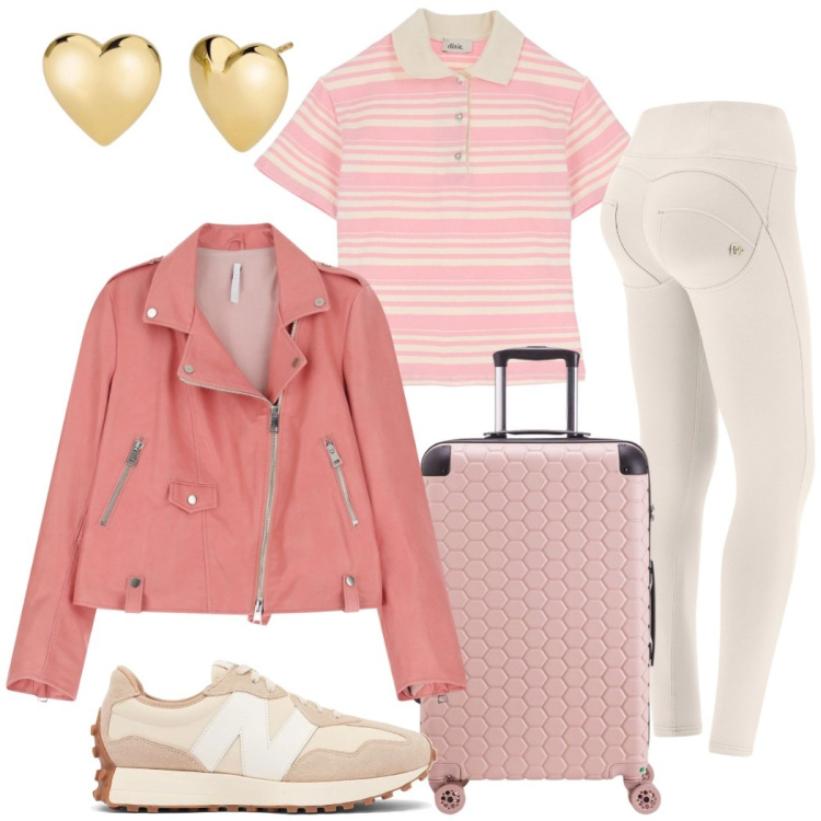 Outfit donna - In viaggio. Stile Casual chic per Tutti i giorni. Abbinamento con orecchini, sneakers, giacche, pantaloni skinny, polo, valigie.