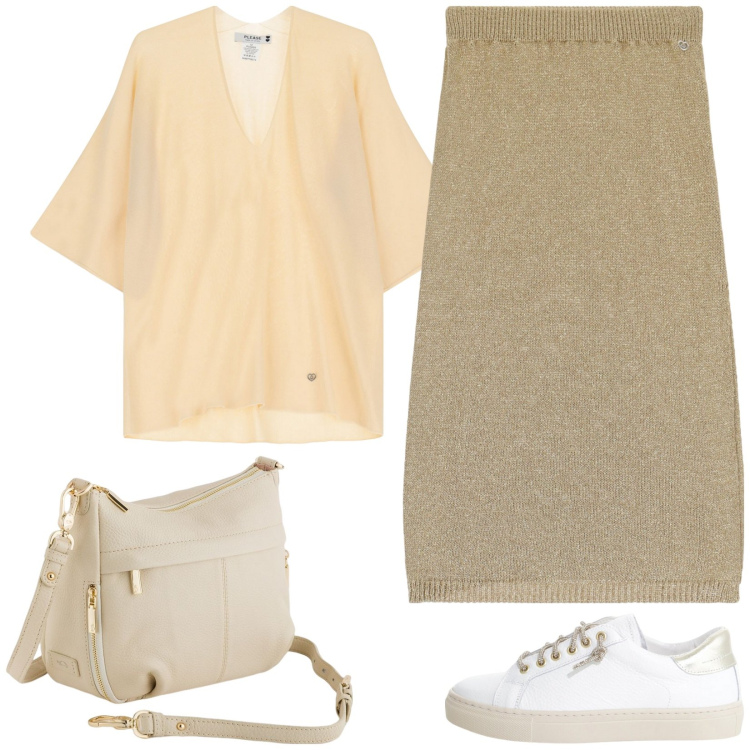 Outfit donna - Please - Ispirazione Saint-Tropez SS25. Stile Casual chic per Tutti i giorni. Abbinamento con gonne longuette, maglieria, sneakers, borse a tracolla.