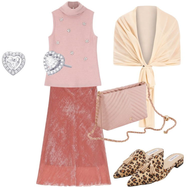 Outfit donna - Rosa pastello. Stile Romantica per Serata fuori. Abbinamento con sabot, orecchini, scialli, maglieria, gonne lunghe, borse a tracolla.