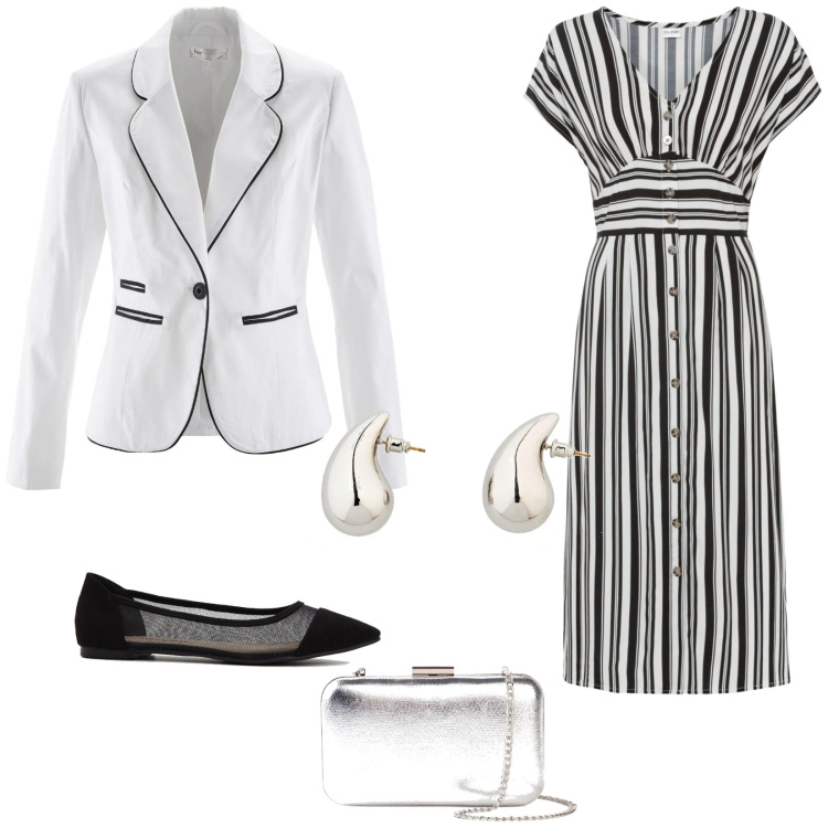 Outfit donna - bonprix - Colori e fantasie di tendenza. Stile Casual chic per Tutti i giorni. Abbinamento con vestiti, blazer, ballerine, pochette, orecchini.