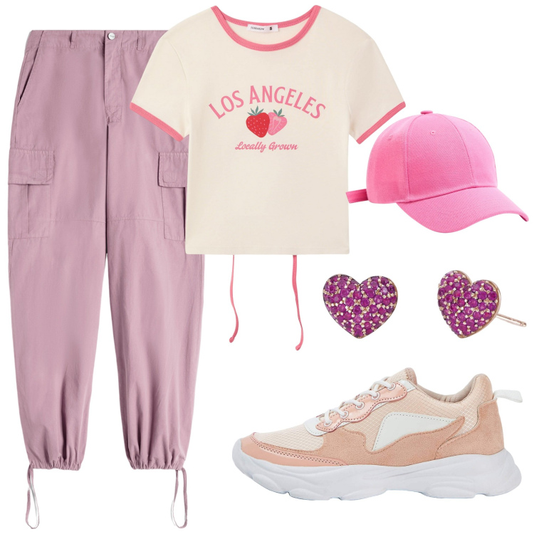 Outfit donna - Sporty in rosa. Stile Casual per Tutti i giorni. Abbinamento con t-shirt, sneakers, cappelli, orecchini, pantaloni cargo.