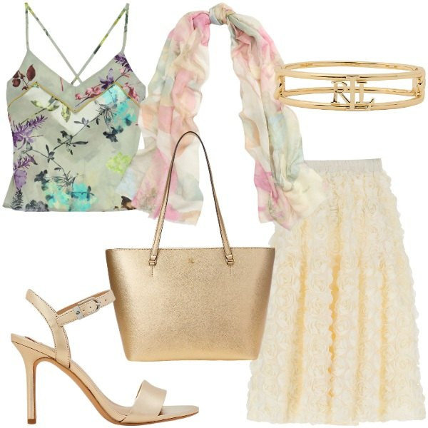 Outfit donna - Dixie - Sognando Siviglia SS25. Stile Glamour per Tutti i giorni. Abbinamento con sciarpe, borse tote, braccialetti, sandali in pelle, gonne, canottiere.
