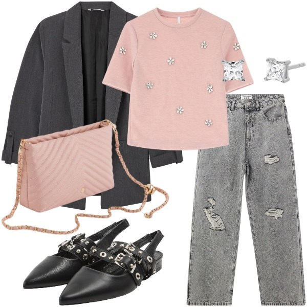 Outfit donna - Glam Rock Chic Grigio e Rosa. Stile Casual chic per Tutti i giorni. Abbinamento con orecchini, blazer, sabot, jeans strappati, maglieria, borse a tracolla.