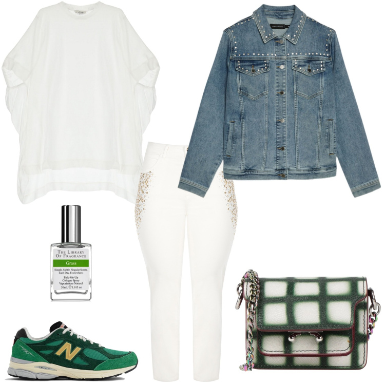 Outfit donna - Passeggiata casual chic. Stile Casual chic per Tutti i giorni. Abbinamento con borse a tracolla, profumi, sneakers, jeans dritti, t-shirt, blazer.