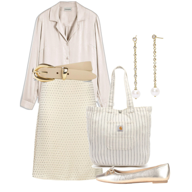 Outfit donna - Aprile di burro. Stile Chic per Tutti i giorni. Abbinamento con camicie, cinture, ballerine, orecchini, gonne, borse tote.