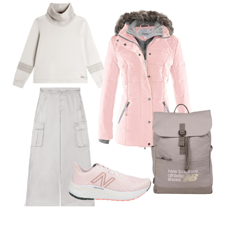 Outfit donna - Una giornata all\'università. Stile Casual per Tutti i giorni. Abbinamento con piumini, sneakers, zaini, felpe, pantaloni cargo.