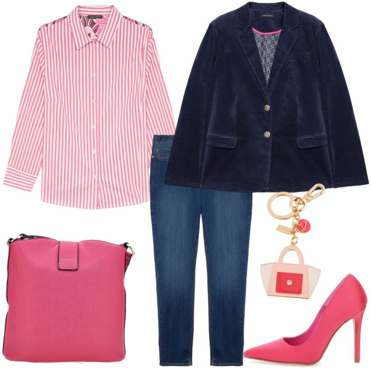 Outfit donna - Le décolleté. Stile Casual chic per Tutti i giorni. Abbinamento con décolleté, camicie, blazer, jeans skinny, borse a spalla, portachiavi.
