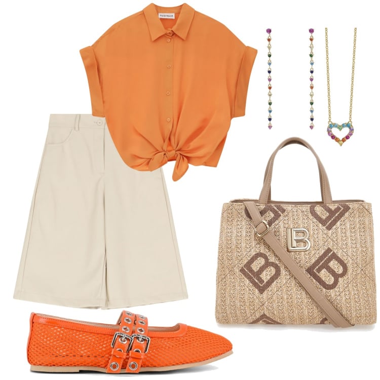 Outfit donna - Visitando Siviglia. Stile Casual per Tutti i giorni. Abbinamento con collane, orecchini, bermuda, camicie a manica corta, ballerine, borse a tracolla.