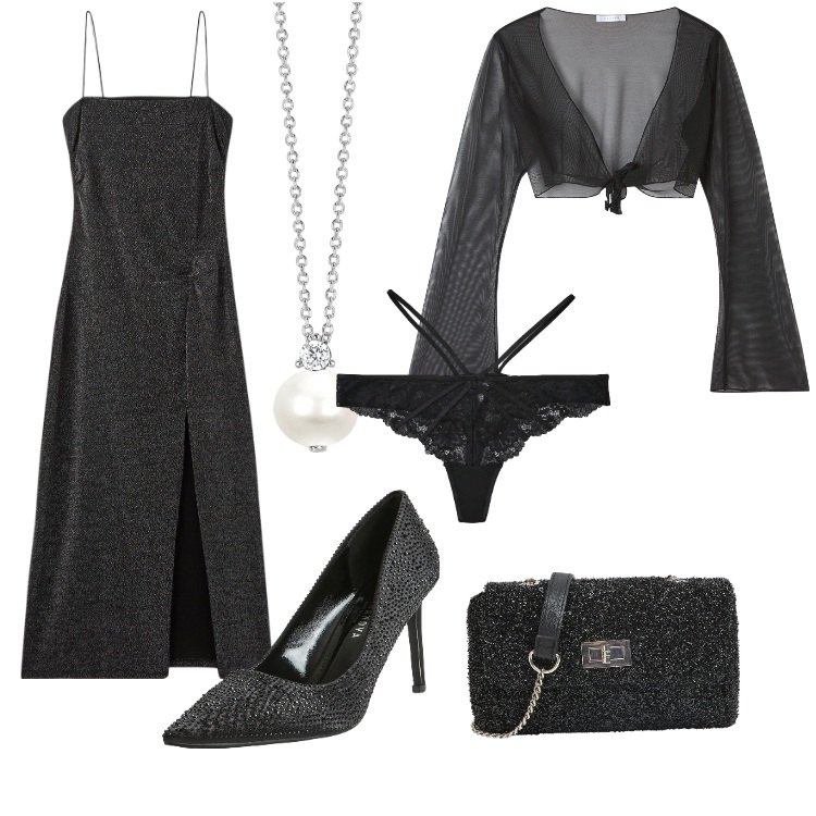 Outfit donna - Sexy e Chic. Stile Chic per Serata fuori. Abbinamento con vestiti lunghi, décolleté, borse a tracolla, bolero, perizomi, collane.