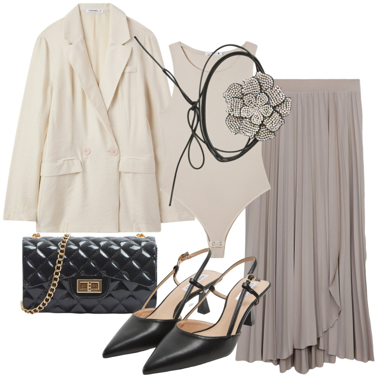 Outfit donna - Terranova - Occasioni speciali. Stile Chic per Cerimonia. Abbinamento con gonne lunghe, body, blazer, sabot, borse a tracolla, collane.