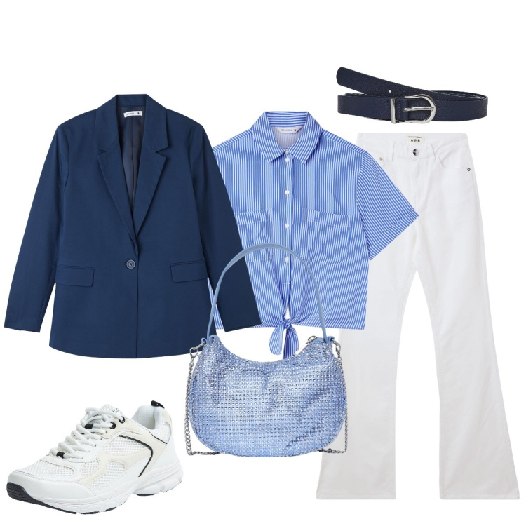 Outfit donna - Uscita con le amiche. Stile Casual chic per Serata fuori. Abbinamento con camicie a manica corta, jeans a zampa, blazer, sneakers, borse a spalla, cinture.