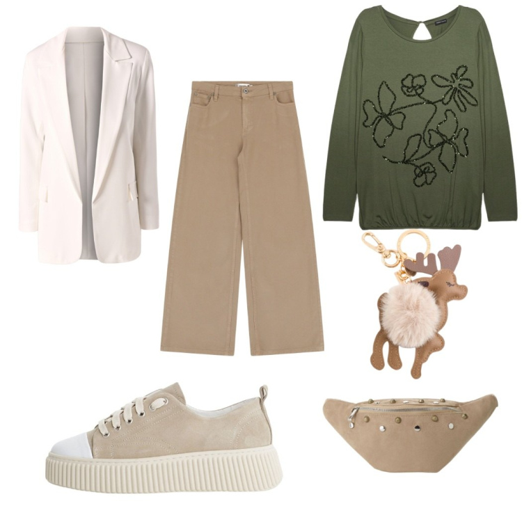 Outfit donna - Total look #2096547. Stile Casual per Tutti i giorni. Abbinamento con blazer, pantaloni, sneakers, marsupi, t-shirt, portachiavi.