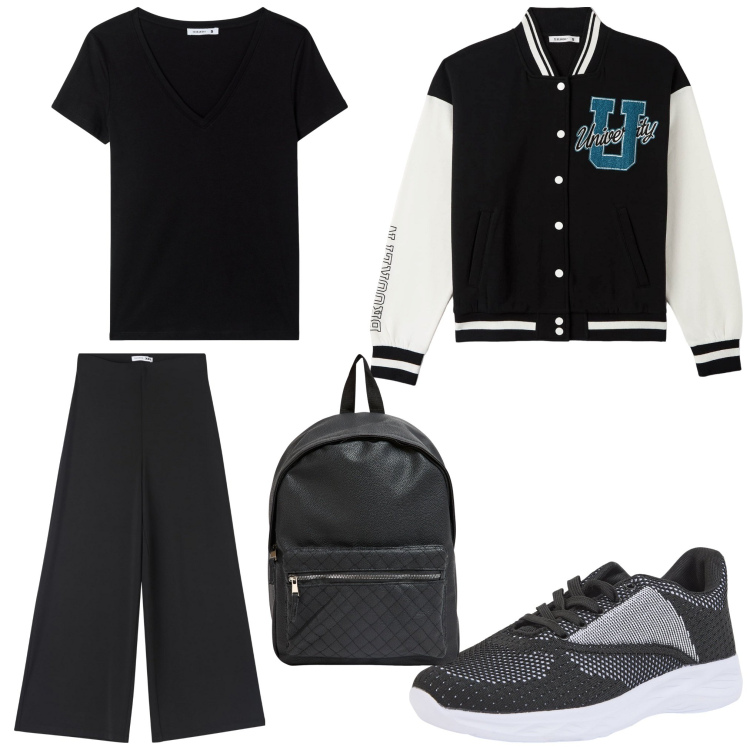 Outfit donna - Come al college. Stile Casual per Scuola/Università. Abbinamento con sneakers, bomber, zaini, pantaloni culotte, t-shirt.