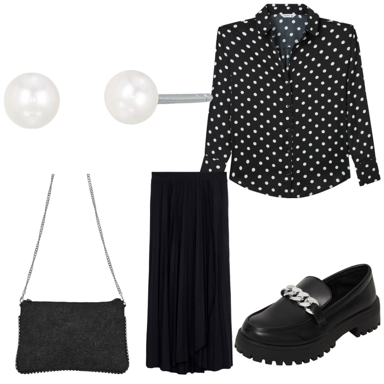 Outfit donna - Pois. Stile Casual chic per Ufficio. Abbinamento con gonne lunghe, camicie, borse a tracolla, mocassini, orecchini.