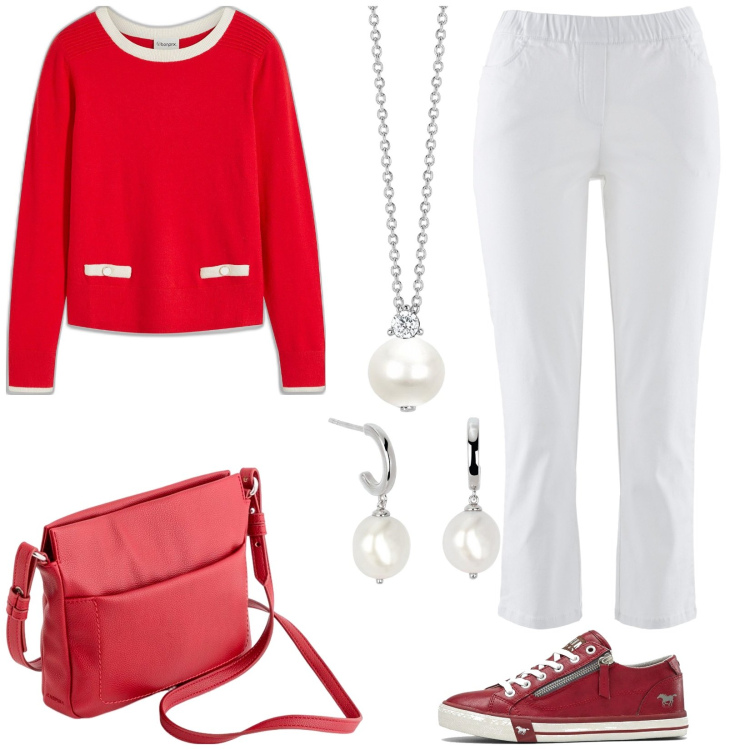 Outfit donna - Pratica a tutte le ore. Stile Casual per Tutti i giorni. Abbinamento con pantaloni, maglieria, sneakers, orecchini, collane, borse a tracolla.