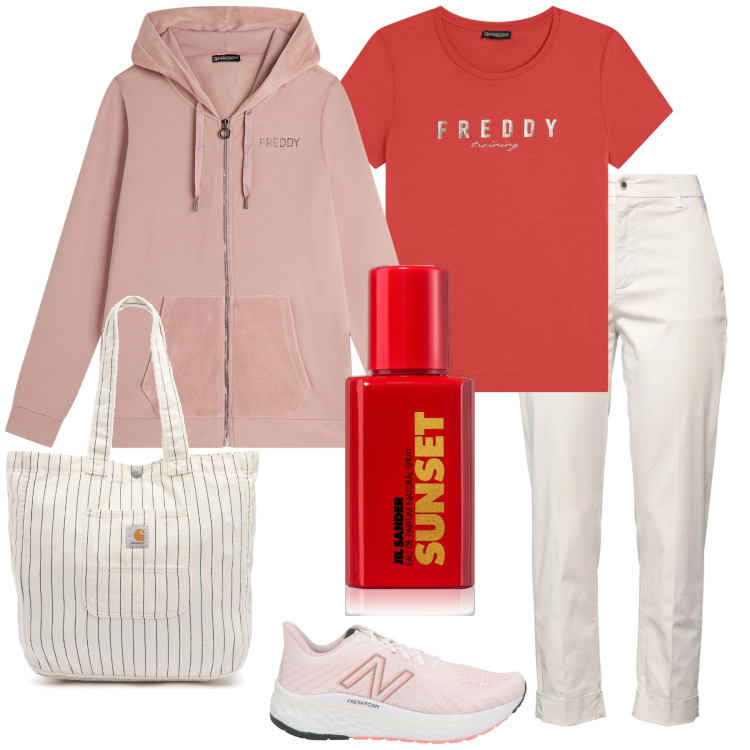 Outfit donna - Sunset. Stile Casual per Tutti i giorni. Abbinamento con sneakers, pantaloni, profumi, felpe con cappuccio, t-shirt, borse tote.