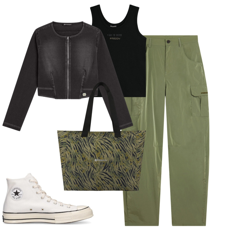Outfit donna - I cargo carrot fit freddy. Stile Casual per Tutti i giorni. Abbinamento con pantaloni cargo, shopping bag, blazer, canottiere, sneakers.