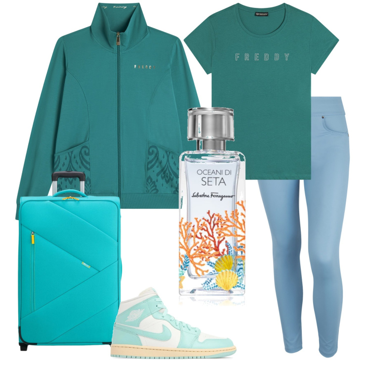 Outfit donna - Freddy. Stile Casual per Tutti i giorni. Abbinamento con profumi, pantaloni skinny, felpe, t-shirt, sneakers, valigie.