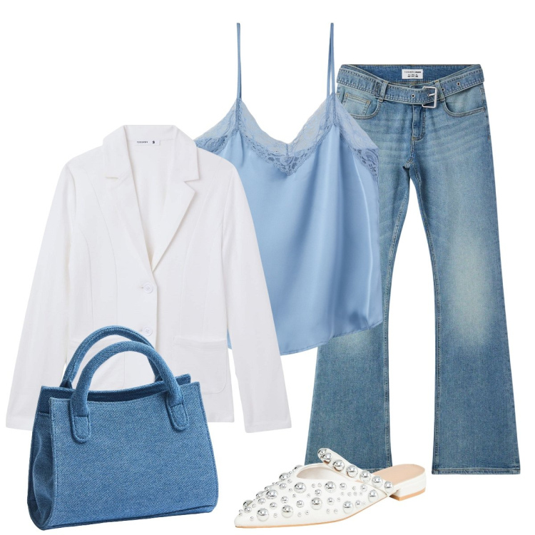 Outfit donna - I jeans e la canotta di seta azzurra. Stile Minimal per Serata fuori. Abbinamento con jeans a zampa, ballerine, blazer, top, borse a tracolla.