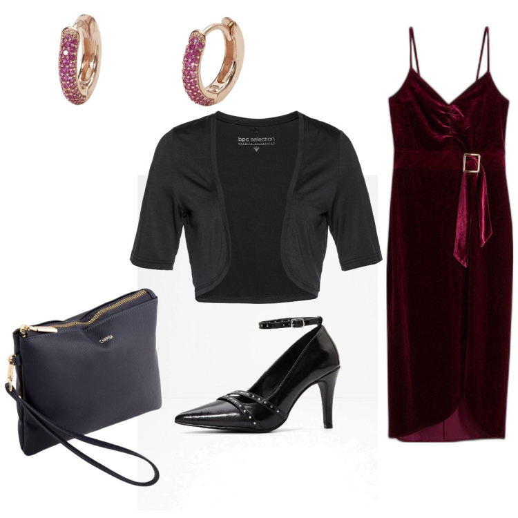 Outfit donna - A Teatro. Stile Chic per Serata fuori. Abbinamento con vestiti midi/longuette, blazer, décolleté, orecchini, pochette.