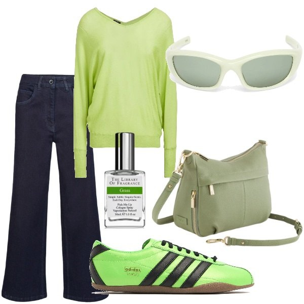 Outfit donna - A spasso per la città. Stile Trendy per Tutti i giorni. Abbinamento con pullovers, profumi, borse a tracolla, pantaloni, occhiali da sole, sneakers.