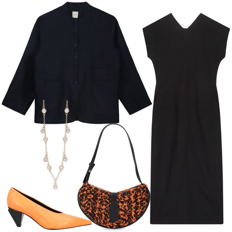 Outfit donna - Divergenze. Stile Chic per Serata fuori. Abbinamento con décolleté, collane, vestiti lunghi, blazer, borse a spalla.