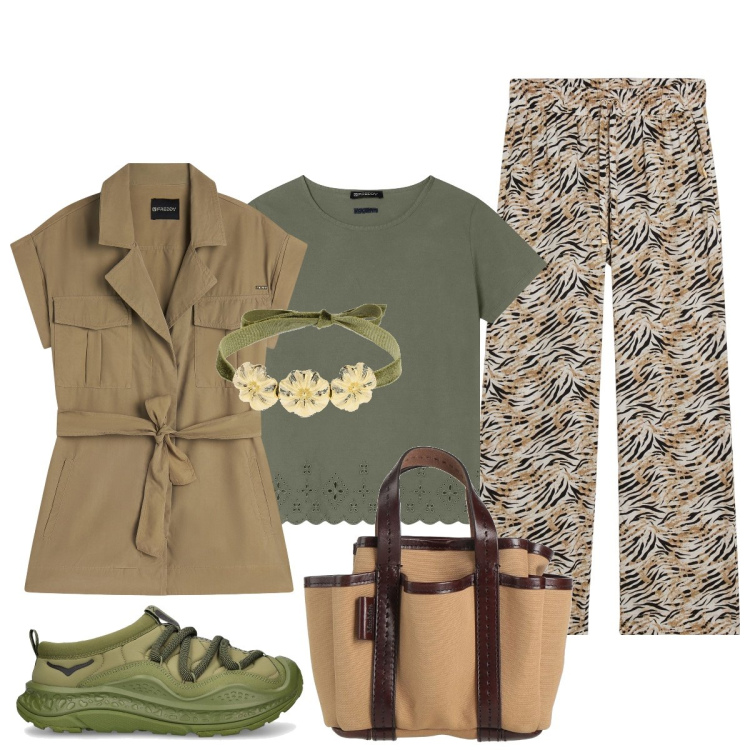 Outfit donna - Total look #2096589. Stile Trendy per Tutti i giorni. Abbinamento con borse a mano, trench, t-shirt, pantaloni, sneakers, collane.