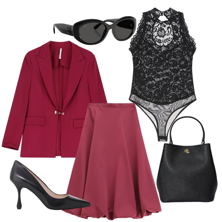 Outfit donna - Magenta e nero. Stile Romantica per Ufficio. Abbinamento con gonne longuette, body, blazer, décolleté, occhiali da sole, borse a secchiello.