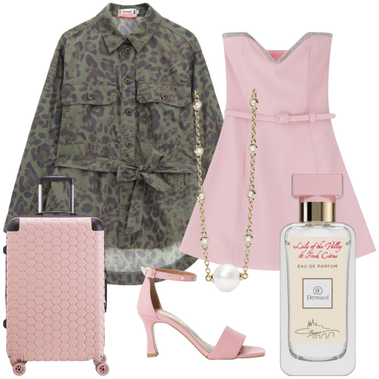 Outfit donna - Rosa e verde mimetico. Stile Chic per Serata fuori. Abbinamento con profumi, collane, blazer, vestiti corti, sandali col tacco, valigie.