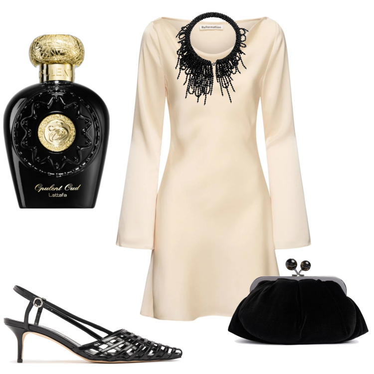 Outfit donna - Cerimonia. Stile Chic per Cerimonia. Abbinamento con profumi, vestiti, scarpe col tacco, pochette, collane.