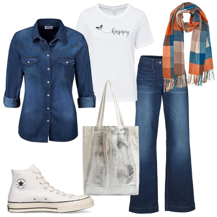 Outfit donna - Happy. Stile Casual per Tutti i giorni. Abbinamento con camicie, jeans, t-shirt, shopping bag, sciarpe, sneakers.