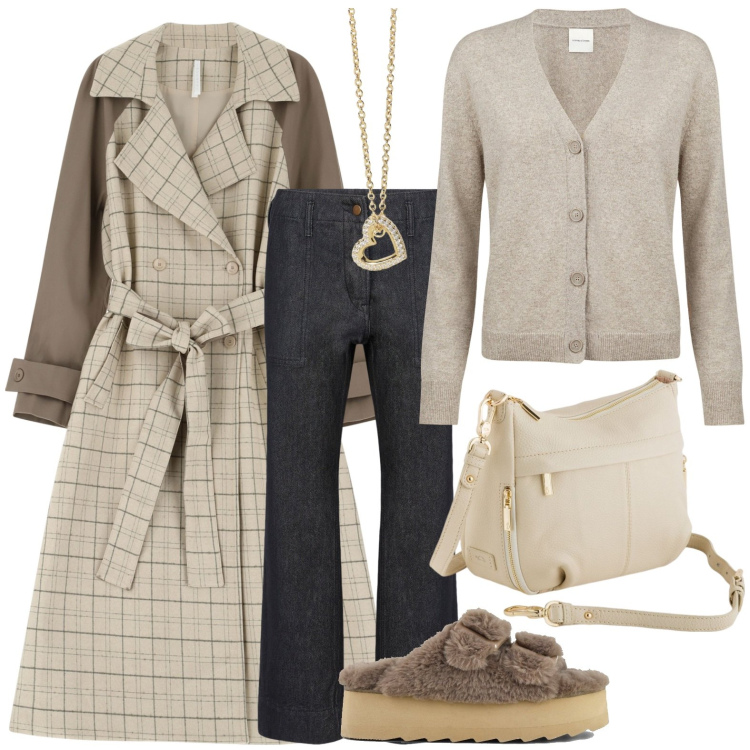 Outfit donna - Trench in montagna. Stile Casual chic per Tutti i giorni. Abbinamento con collane, trench, pantaloni, cardigans, sandali, borse a tracolla.