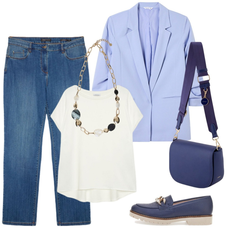 Outfit donna - A passeggio. Stile Casual per Tutti i giorni. Abbinamento con blazer, mocassini, collane, bluse, jeans dritti, borse a tracolla.