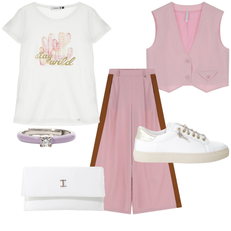 Outfit donna - Pomeriggio in centro. Stile Casual per Tutti i giorni. Abbinamento con anelli, t-shirt, borse a tracolla, gilet, sneakers, pantaloni.