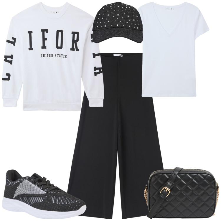 Outfit donna - Total look #2096628. Stile Sporty chic per Tutti i giorni. Abbinamento con borse a tracolla, t-shirt, pantaloni culotte, sneakers, cappelli, felpe.