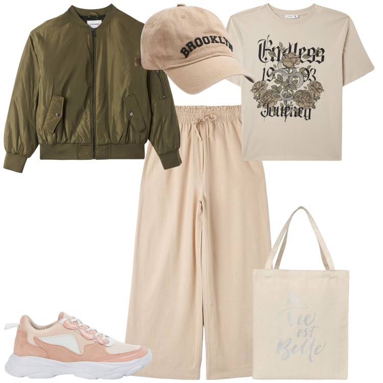 Outfit donna - Total look #2096629. Stile Sporty chic per Tutti i giorni. Abbinamento con pantaloni, borse tote, t-shirt, sneakers, bomber, cappelli.